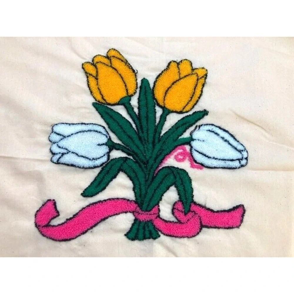 2 Vtg Handmade Pillow Cases Yellow & White Tulips & Pink Bow‎ Loop Puch Stitch